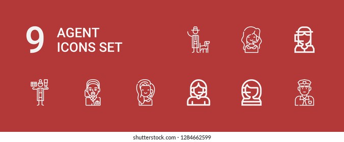 Editable 9 agent icons for web and mobile. Set of agent included icons line Policeman, Call center, Operator, Detective on red background