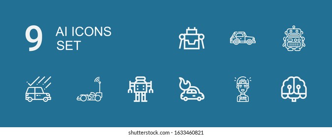 Editable 9 ai icons for web and mobile. Set of ai included icons line Artificial intelligence, Car, Robot on blue background