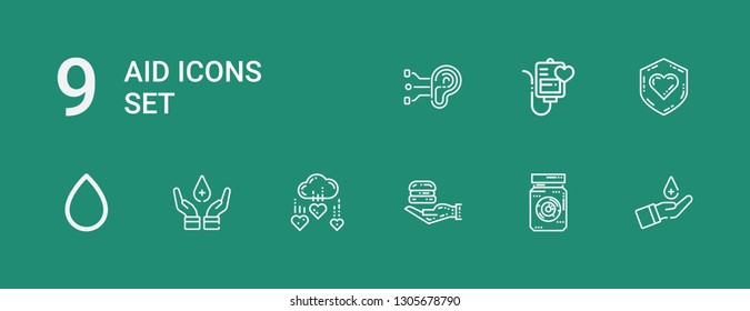 Editable 9 aid icons for web and mobile. Set of aid included icons line Blood donation, Eye jar, Food donation, Charity, Blood drop, Blood transfusion, Ear on green background