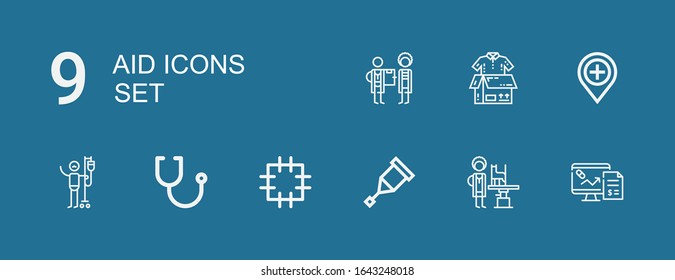 Editable 9 iconos de ayuda para web y móvil. El conjunto de ayuda incluía íconos de la línea Farmacia, Veterinaria, Crutch, Patch, Stethoscope, donación de sangre, Hospital, donación de ropa de fondo azul.