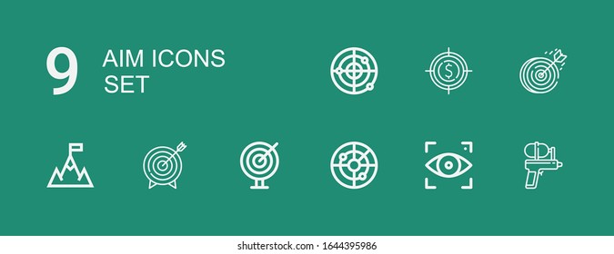 Bearbeitbare 9 Zielsymbole für Web und Mobile. Zielgruppe umfasst die Symbole der Linie Wasserpistole, Fokus, Radar, Darts, Ziele, Ziel, Dartboard auf grünem Hintergrund