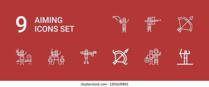 Editable 9 aiming icons for web and mobile. Set of aiming included icons line Archery, Paintball on red background