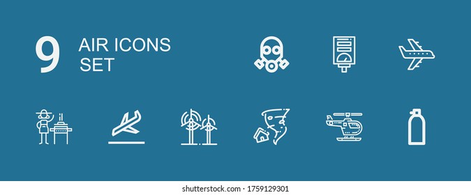 Editable 9 air icons for web and mobile. Set of air included icons line Oxygen, Helicopter, Tornado, Wind, Landing, Burner, Airplane, Water heater, Gas mask on blue background