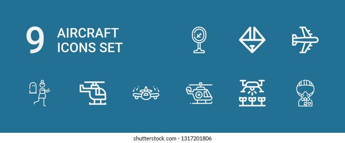 Editable 9 aircraft icons for web and mobile. Set of aircraft included icons line Military, Drone, Helicopter, Airplane, Terror, Origami, Airport on blue background