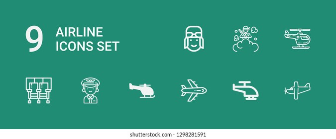Editable 9 airline icons for web and mobile. Set of airline included icons line Airplane, Helicopter, Pilot, Seats, Smoke bomb on green background