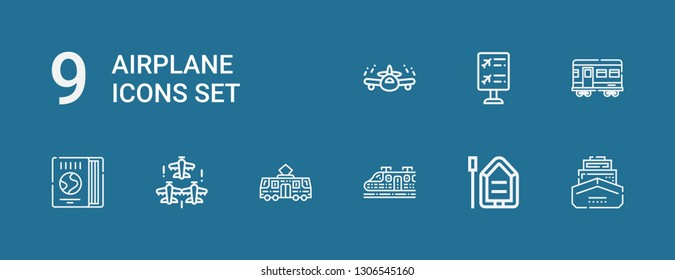 Editable 9 airplane icons for web and mobile. Set of airplane included icons line Ship, Boat, Train, Tram, Aircraft, Travel guide, Flight information, Airplane on blue background