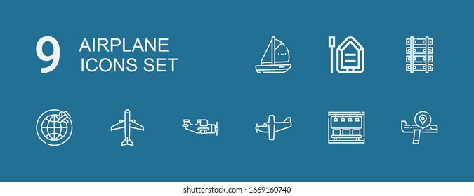 Editable 9 iconos de avión para web y móvil. Conjunto de aviones incluidos íconos línea Avión, Subterráneo, Avión, Avión, Navegación, Ferrocarril, Barco en fondo azul