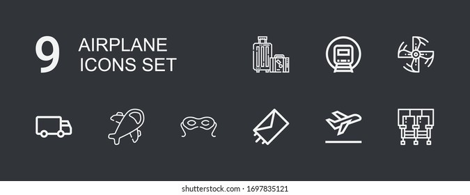 Editable 9 airplane icons for web and mobile. Set of airplane included icons line Seats, Take off, Send, Eye mask, Airplane, Shipping, Engine propeller, Railway on dark background