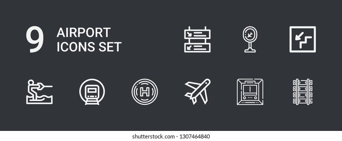 Editable 9 airport icons for web and mobile. Set of airport included icons line Railway, Metro, Plane, Helipad, Water ski, Stairs, Airport, Departures on dark background