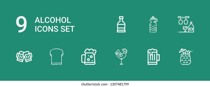 Editable 9 alcohol icons for web and mobile. Set of alcohol included icons line Cocktail, Beer, Dark beer, Toast, Bar, Bottle, Rum on green background