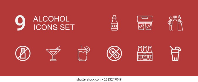 Editable 9 alcohol icons for web and mobile. Set of alcohol included icons line Drink, Beers, No weapons, Martini, No liquids, Toast, Rum on red background