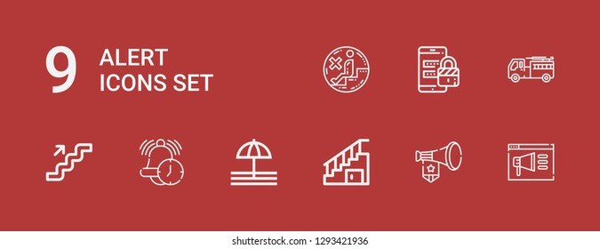 Editable 9 alert icons for web and mobile. Set of alert included icons line Notification, Megaphone, Stairs, Bell, Alarm, Firefighter, Security, No sitting on red background