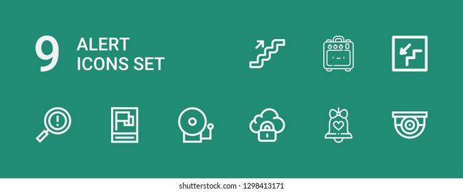 Editable 9 alert icons for web and mobile. Set of alert included icons line Surveillance, Bell, Security, Alarm bell, Propaganda, Warning, Stairs, Amplifier on green background