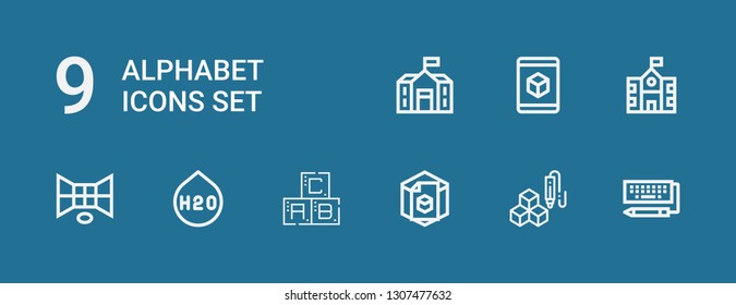 Editable 9 alphabet icons for web and mobile. Set of alphabet included icons line Keyboard, d cube, d, Abc, H o, School on blue background