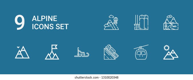 Editable 9 alpine icons for web and mobile. Set of alpine included icons line Mountain, Cableway, Luge, Mountains, Ski on blue background