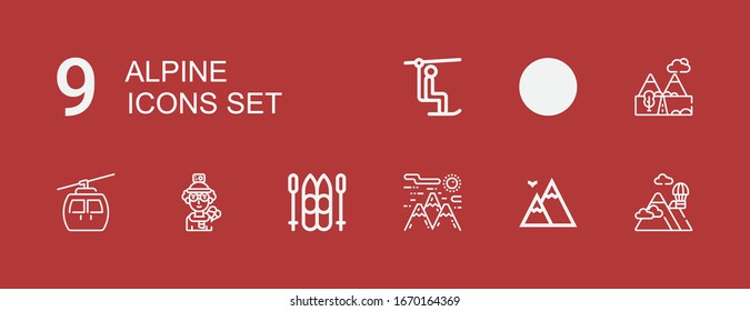 Editable 9 alpine icons for web and mobile. Set of alpine included icons line Mountains, Mountain, Ski, Skier, Cableway, Chairlift on red background