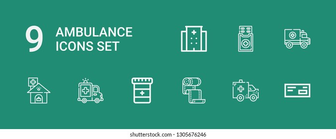 Editable 9 ambulance icons for web and mobile. Set of ambulance included icons line Medicine, Ambulance, Bandage, Clinic, Hospital on green background