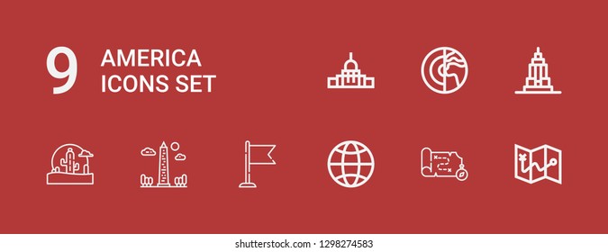 Editable 9 america icons for web and mobile. Set of america included icons line Map, Globe, Flag, Obelisk, Wild west, Empire state, Planet, Capitol on red background