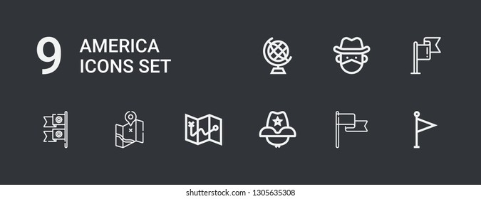 Editable 9 america icons for web and mobile. Set of america included icons line Flag, Cowboy hat, Map, Flags, Cowboy, Earth globe on dark background
