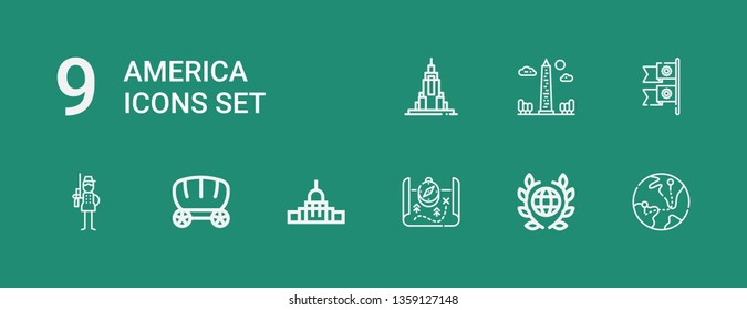 Editable 9 america icons for web and mobile. Set of america included icons line Globe, Global, Map, Capitol, Wagon, Soldier, Flags, Obelisk, Empire state on green background