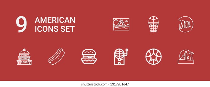 Editable 9 american icons for web and mobile. Set of american included icons line Wild west, Basketball, Bingo, Hamburguer, Hot dog, Capitol, New york, Mayan pyramid on red background