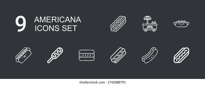 Editable 9 americana icons for web and mobile. Set of americana included icons line Hot dog on dark background