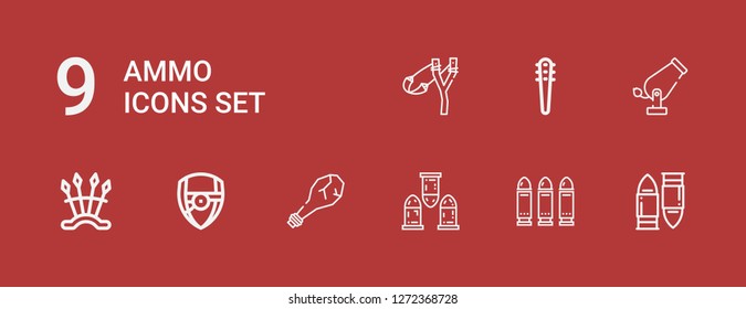 Editable 9 ammo icons for web and mobile. Set of ammo included icons line Bullet, Bullets, Weapon, Arsenal, Weapons, Cannon, Slingshot on red background