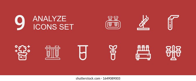 Editable 9 analyze icons for web and mobile. Set of analyze included icons line Test tube, Test tubes, Chemical reaction on red background