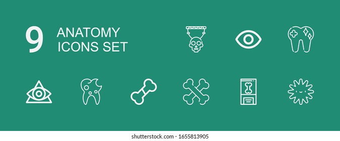 Bearbeitbare 9 Anatomie-Icons für Web und Mobile. Set Set von Anatomie enthalten Symbole Zeile Platelet, Knochen, Knochen, Zahn, Auge, Schädel auf grünem Hintergrund