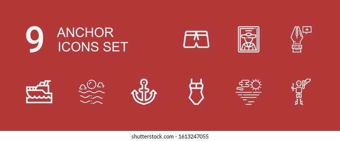 Editable 9 anchor icons for web and mobile. Set of anchor included icons line Pirate, Sea, Swimsuit, Anchor, Yatch, point on red background