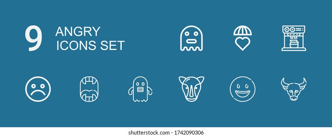 Editable 9 angry icons for web and mobile. Set of angry included icons line Buffalo, Happy, Rhino, Ghost, Fangs, Unhappy, Expresso, Emotions on blue background