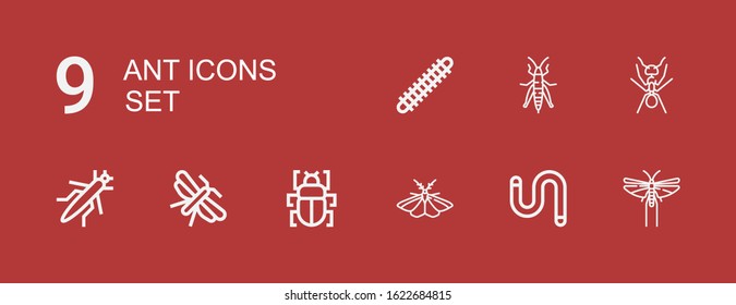 Editable 9 ant icons for web and mobile. Set of ant included icons line Locust, Worm, Moth, Fleas, Grasshopper, Ant, Centipede on red background