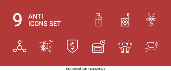 Editable 9 anti icons for web and mobile. Set of anti included icons line Soap, Protection, Anti age, Bug, Bacterias on red background