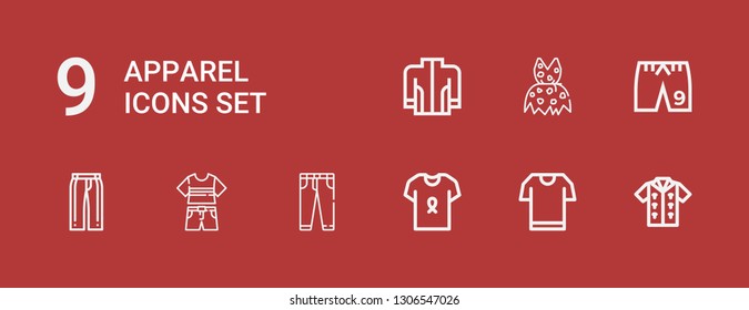 Editable 9 apparel icons for web and mobile. Set of apparel included icons line Tshirt, Shirt, Jeans, Clothes, Trousers, Shorts, Clothing, Jacket on red background