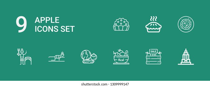 Editable 9 apple icons for web and mobile. Set of apple included icons line Empire state, Fruit, Vegetables, Fitness, Gardener, Vegan food, Pie on green background