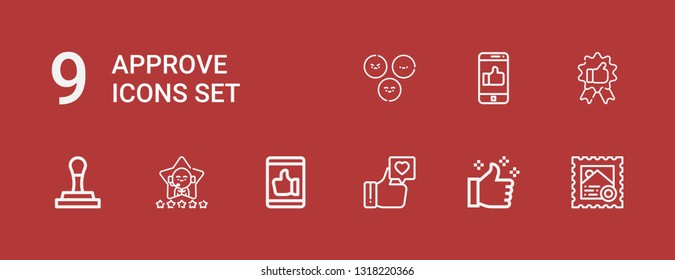 Editable 9 approve icons for web and mobile. Set of approve included icons line Stamp, Thumbs up, Like, Satisfaction, Recommendation on red background