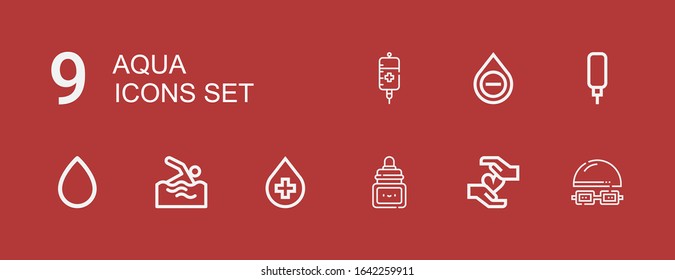 Editable 9 aqua icons for web and mobile. Set of aqua included icons line Swimming, Blood, Ink, Blood drop, Water dispenser on red background