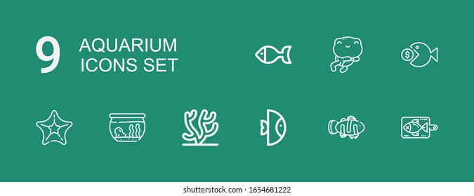 Editable 9 aquarium icons for web and mobile. Set of aquarium included icons line Fish, Clown fish, Coral, Fishbowl, Starfish, Frog on green background