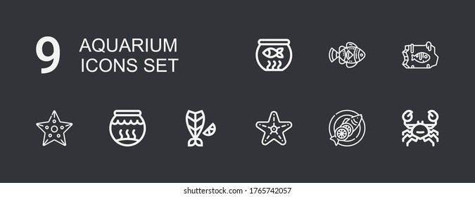Bearbeitbar 9 Aquariumsymbole für Web und Mobile. Aquariensatz inbegriffen Symbole der Linie Crab, Fisch, Starfish, Fischschüssel, Clownfisch, Fischschüssel auf dunklem Hintergrund