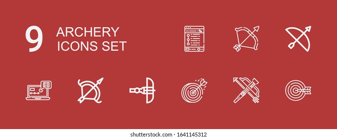 Editable 9 archery icons for web and mobile. Set of archery included icons line Archery, Crossbow, Dartboard, Tracking on red background