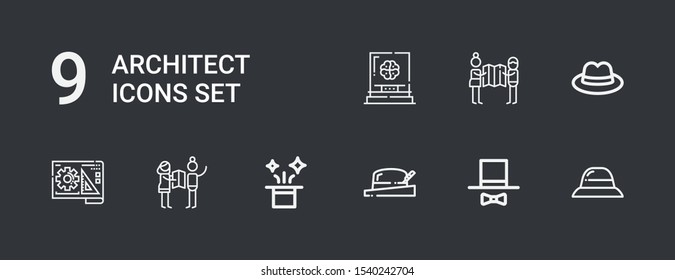 Editable 9 architect icons for web and mobile. Set of architect included icons line Hat, Planning, Blueprint on dark background