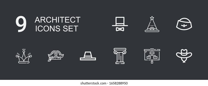 Editable 9 architect icons for web and mobile. Set of architect included icons line Hat, Planning, Architecture on dark background