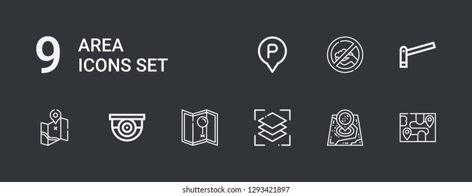 Editable 9 area icons for web and mobile. Set of area included icons line Map, Layers, Surveillance, Parking, Signal on dark background