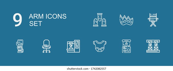 Editable 9 arm icons for web and mobile. Set of arm included icons line Robot arm, Claw machine, Body, Chair, Mechanical Knuckle, Bullets on blue background