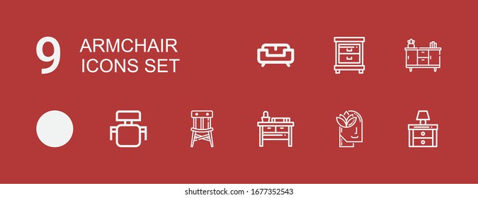 Editable 9 iconos de sillón para web y móvil. Conjunto de sillones con iconos línea Nightstand, Relax, silla, escritorio, Sofá, portapapeles sobre fondo rojo