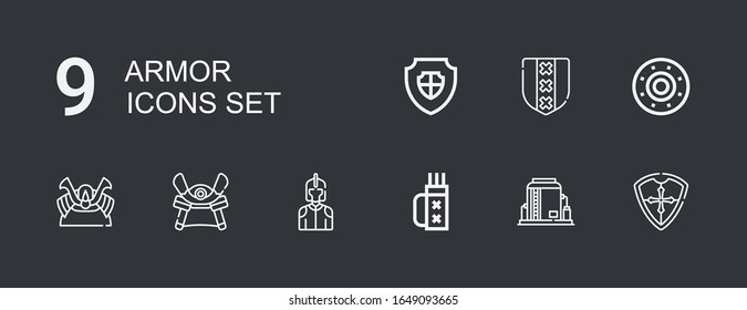 Editable 9 armor icons for web and mobile. Set of armor included icons line Shield, Tank, Quiver, Knight, Samurai, Shogun on dark background