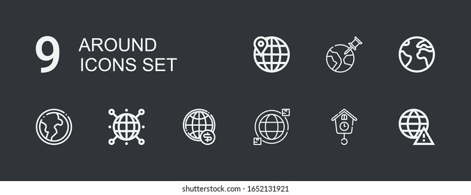 Editable 9 alrededor de iconos para web y móvil. Conjunto de íconos incluidos línea Mundial, reloj Cuco, Mundo, Tierra globo, Tierra sobre fondo oscuro