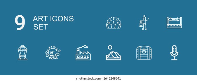 Editable 9 iconos de arte para web y móvil. Conjunto de arte incluye iconos línea Micrófono, Chest, Dune, Factory, Dog, Lamp, Ruler, Lantern, Pie en fondo azul