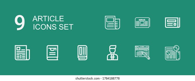 Editable 9 article icons for web and mobile. Set of article included icons line Newspaper, Blog, News reporter, Thesis, News on green background