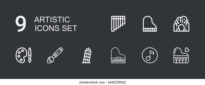 Editable 9 artistic icons for web and mobile. Set of artistic included icons line Piano, Quaver, Pisa, Paint brush, Palette, Cave, Flute on dark background